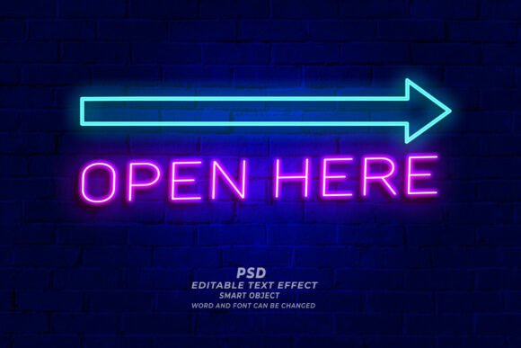 Download Open Here Neon PSD Sign Text Style - Style Collection